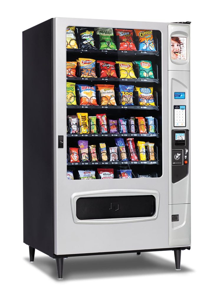 A modern vending machine with various snacks in it.